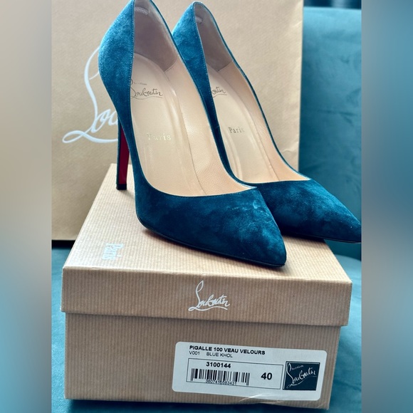 Christian Louboutin Pigalle 100 Veau Velours heels in rare Blue Kohl w/tips box - Picture 2 of 13